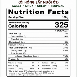 Nutrition Facts label for Vietnamese Chili Salt Dried Pink Guava 300g showing calories, carbohydrates, sugars, protein, fat, sodium, and ingredients