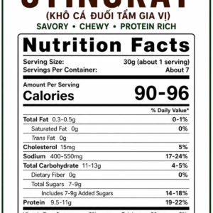 Nutrition Facts label for Vietnamese Seasoned Dried Stingray 200g showing calories, protein, carbohydrates, fat, sodium, and ingredients