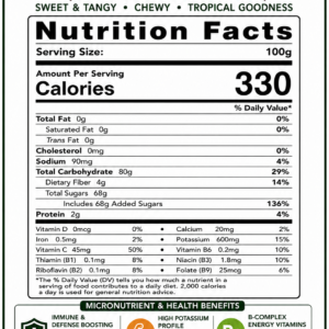 Nutrition Facts label for Vietnamese Dried Soursop Snack 300g showing calories, carbohydrates, sugars, protein, fat, sodium, and ingredients
