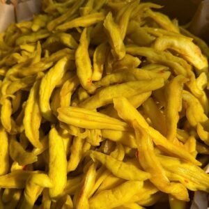 Close-up of chewy Vietnamese Green Mango Chili Salt Snack with tangy chili seasoning