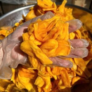 Close-up of Vietnamese Soft Dried Jackfruit with no added sugar showing soft chewy texture and natural fruit color