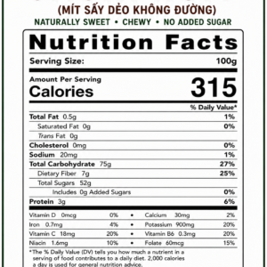 Nutrition Facts label for Vietnamese Soft Dried Jackfruit No Added Sugar 300g showing calories, carbohydrates, sugars, protein, fat, sodium, and ingredients