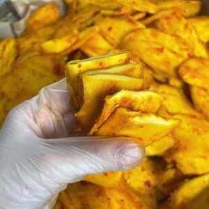 Close-up of chewy Vietnamese Soft Dried Mango with Chili Salt showing its soft texture and chili seasoning