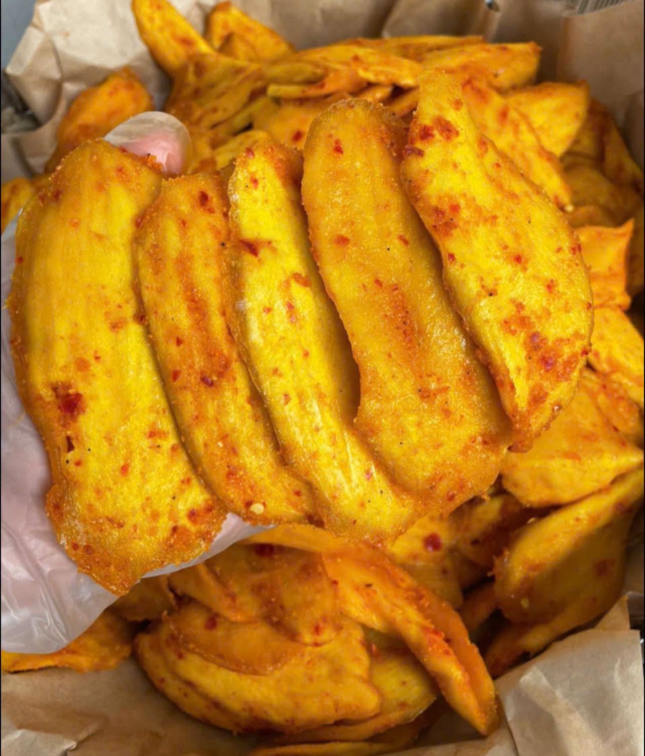 Close-up of chewy Vietnamese Soft Dried Mango with Chili Salt showing its soft texture and chili seasoning