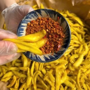 Close-up of chewy Vietnamese Green Mango Chili Salt Snack with tangy chili seasoning