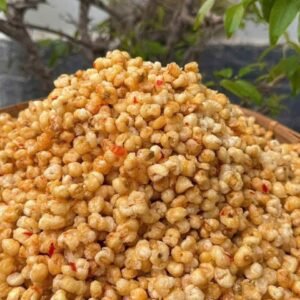 Close-up of crispy roasted Vietnamese Chili Fish Sauce Corn Snack with savory spicy seasoning