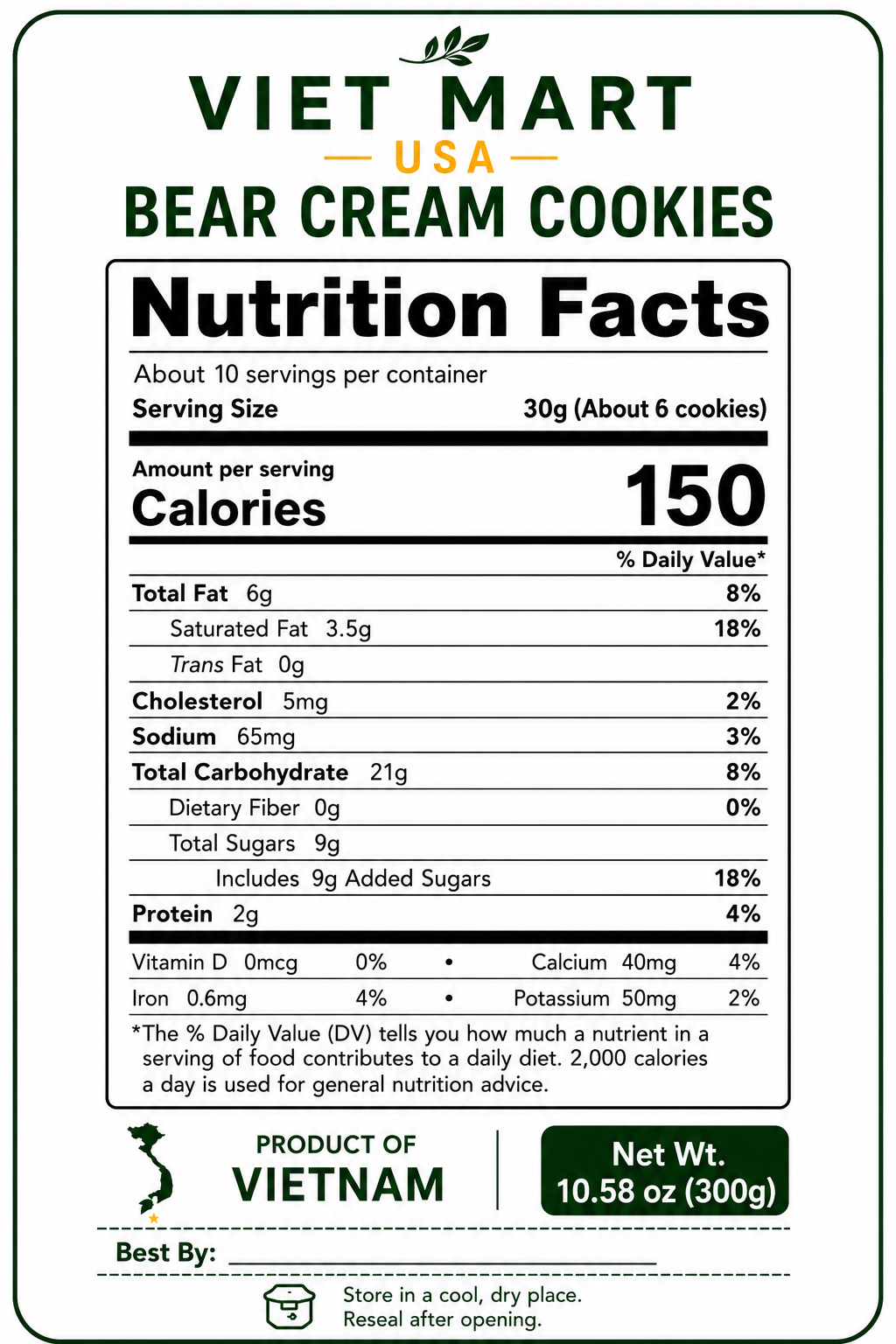 Nutrition Facts for Vietnamese Bear Cream Cookies 300g