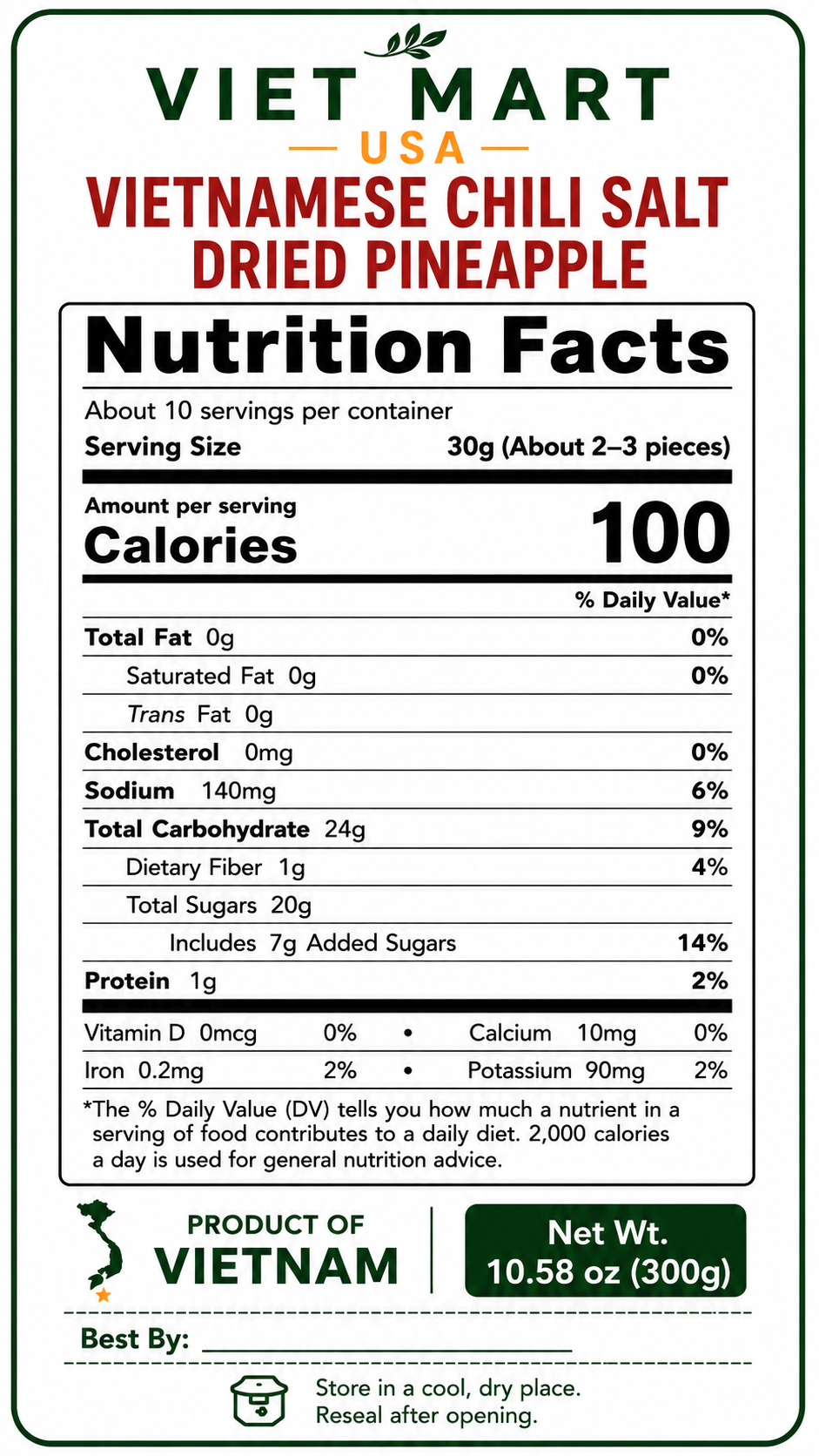 Nutrition Facts for Vietnamese Chili Salt Dried Pineapple 300g