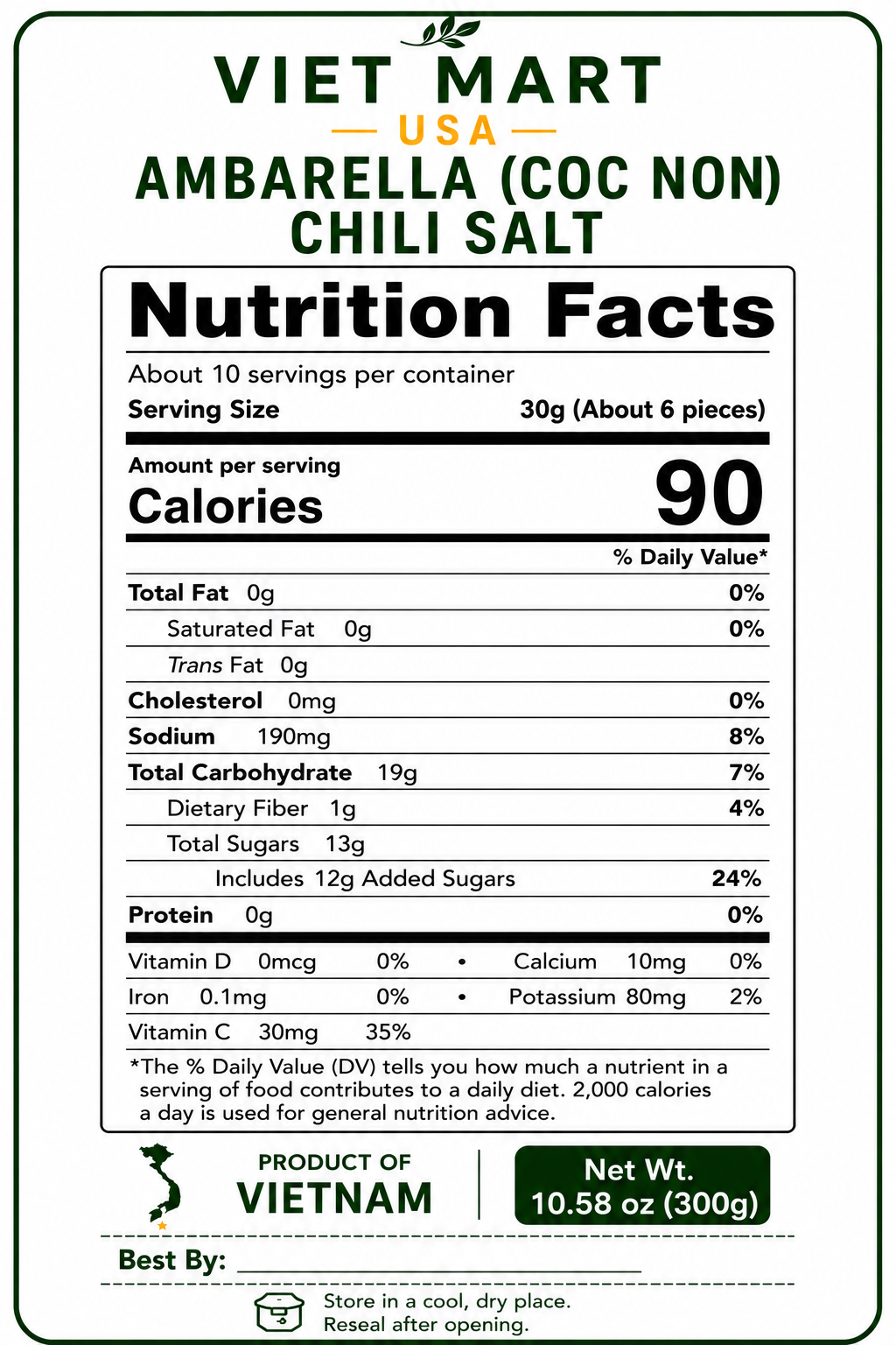 Vietnamese Dried Ambarella Nutrition Facts Label