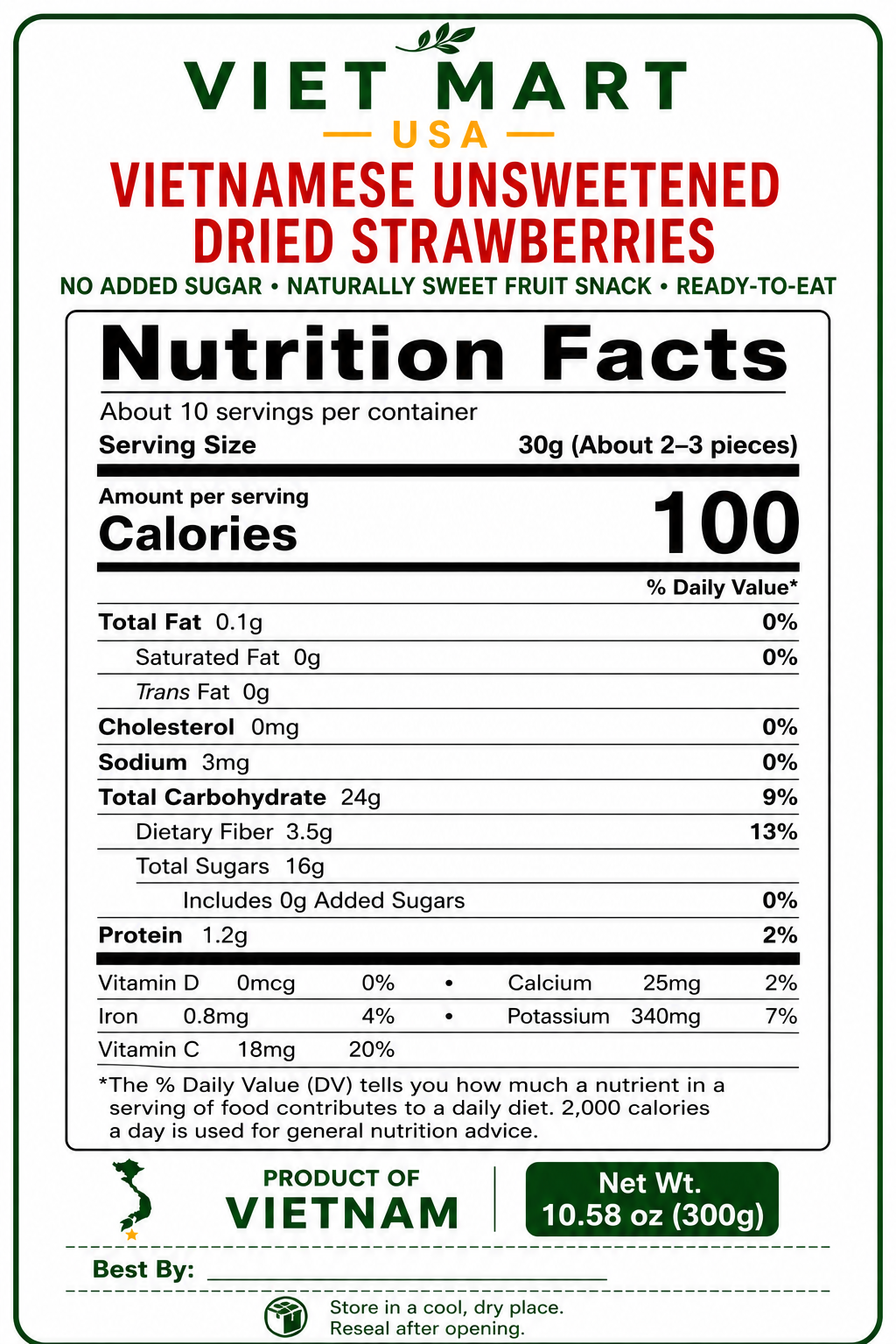 Vietnamese Unsweetened Dried Strawberries Nutrition Facts