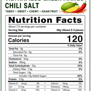 Nutrition Facts label for Vietnamese Green Mango Chili Salt Snack 300g showing calories, carbohydrates, sugars, fat, protein, sodium, and ingredients