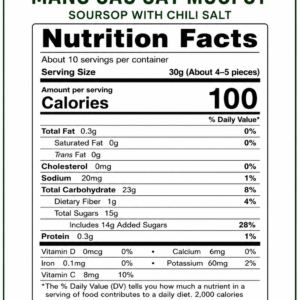 Nutrition Facts label for Spicy Sweet Dried Soursop 300g