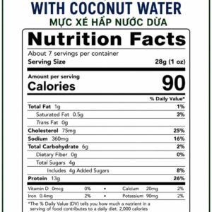 Nutrition Facts label for Vietnamese Shredded Squid Steamed with Coconut Water seafood snack 200g