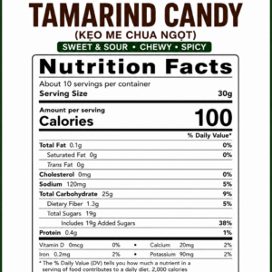 Nutrition Facts label for Vietnamese Seedless Tamarind Candy 300g showing calories, carbohydrates, sugars, fat, protein, sodium, and ingredients