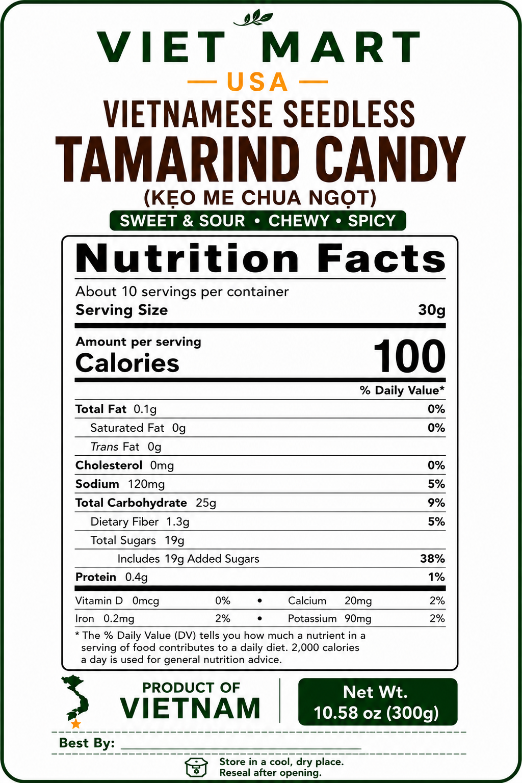Nutrition Facts label for Vietnamese Seedless Tamarind Candy 300g showing calories, carbohydrates, sugars, fat, protein, sodium, and ingredients