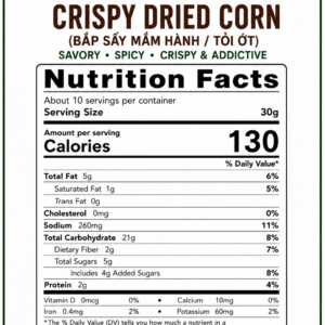 Nutrition Facts label for Vietnamese Chili Fish Sauce Corn Snack 300g showing calories, carbohydrates, fat, protein, sodium, and ingredients