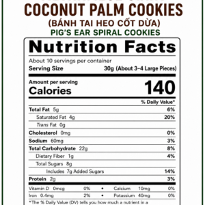 Nutrition Facts label for Vietnamese Giant Coconut Palm Cookies 300g showing calories, carbohydrates, fat, protein, and ingredients