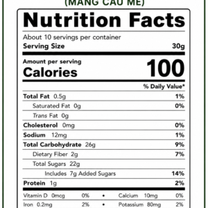 Nutrition Facts label for Vietnamese Tamarind Glazed Soursop Chewy Fruit Snack 300g showing calories, carbohydrates, fat, protein, sodium, and ingredients
