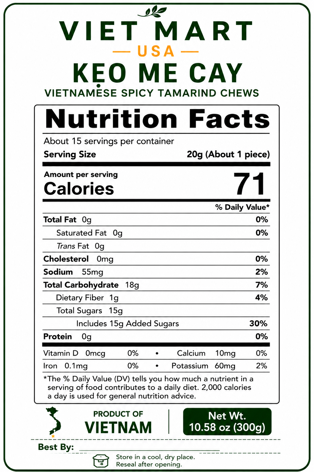 Nutrition Facts for Vietnamese Spicy Tamarind Chews 300g