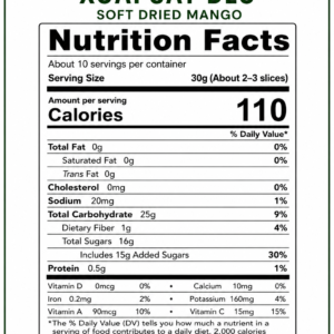 Nutrition Facts for Vietnamese Soft Dried Mango 300g