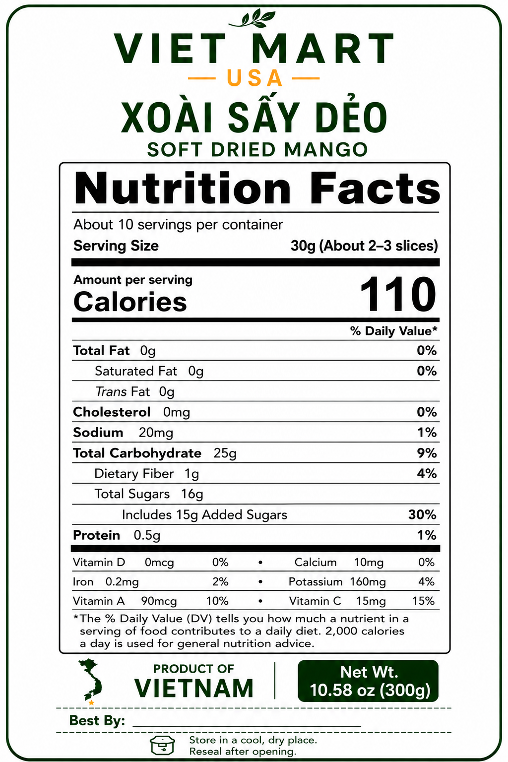 Nutrition Facts for Vietnamese Soft Dried Mango 300g
