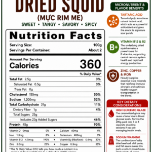 Nutrition Facts label for Vietnamese Tamarind Glazed Dried Squid 200g showing calories, protein, carbohydrates, fat, sodium, and ingredients