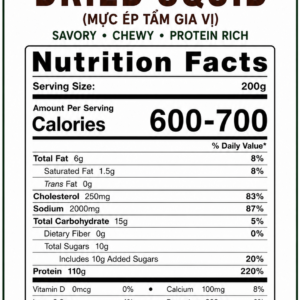 Nutrition Facts label for Vietnamese Seasoned Pressed Dried Squid 200g showing calories, protein, fat, carbohydrates, sodium, and ingredients