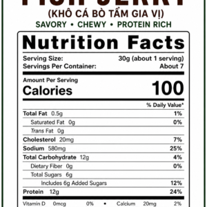 Nutrition Facts label for Vietnamese Seasoned Leatherjacket Fish Jerky 200g showing calories, protein, carbohydrates, fat, sodium, and ingredients