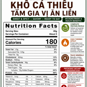 Nutrition Facts label for Vietnamese Seasoned Dried Threadfin Fish 200g showing calories, protein, carbohydrates, fat, sodium, and ingredients