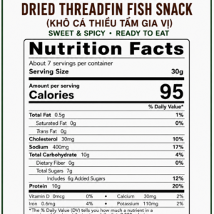 Nutrition Facts label for Vietnamese Dried Threadfin Fish Snack 200g showing calories, protein, fat, carbohydrates, sodium, and ingredients