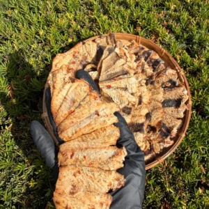 Close-up of Vietnamese Seasoned Dried Stingray showing tender chewy texture and authentic Vietnamese seasoning