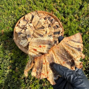 Close-up of Vietnamese Seasoned Dried Stingray showing tender chewy texture and authentic Vietnamese seasoning