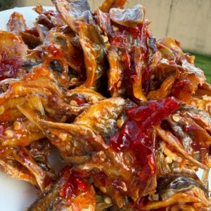 Close-up of Vietnamese Dried Threadfin Fish coated in sweet and spicy chili fish sauce