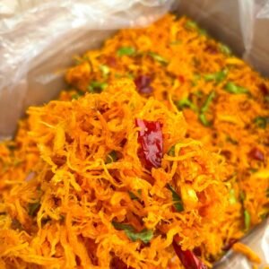 Close-up of Vietnamese Shredded Chicken Jerky with Kaffir Lime Leaves