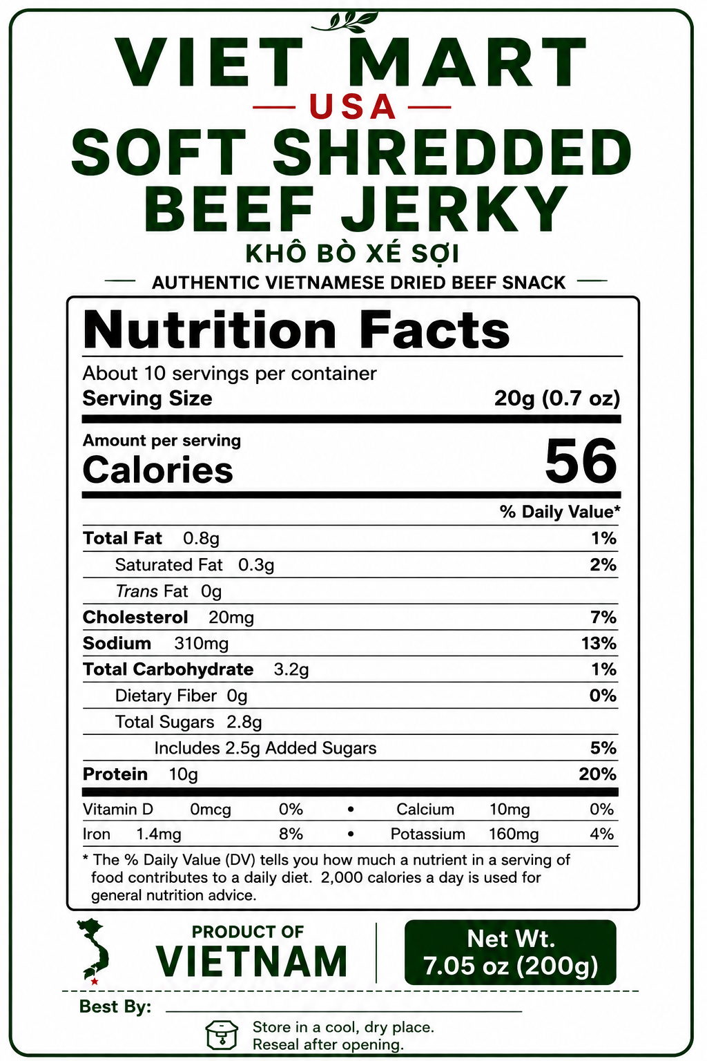 Nutrition Facts label for Vietnamese Soft Shredded Beef Jerky 200g