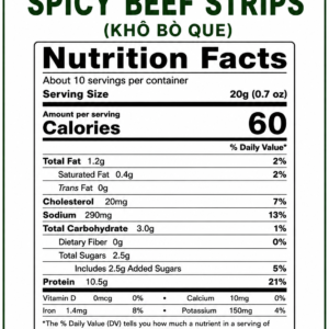 Nutrition Facts label for Vietnamese Spicy Beef Strips 200g