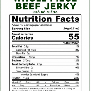 Nutrition Facts label for Vietnamese Whole Piece Beef Jerky 200g