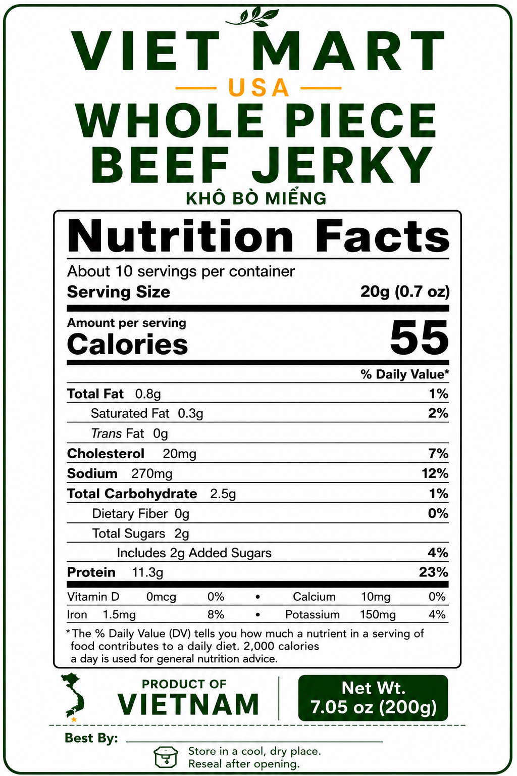 Nutrition Facts label for Vietnamese Whole Piece Beef Jerky 200g