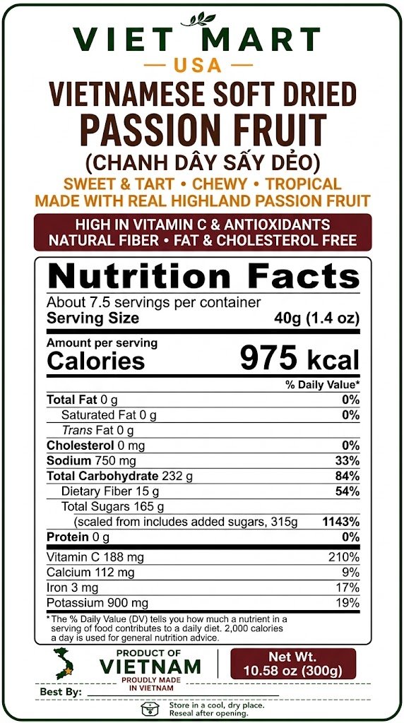 Nutrition Facts for Vietnamese Soft Dried Passion Fruit 300g